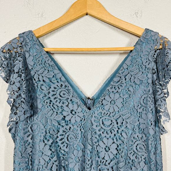 MAdewell Lace Flutter Sleeve Dress Knee Length Casual Cute Blue Grey - 2 - Picture 3 of 5